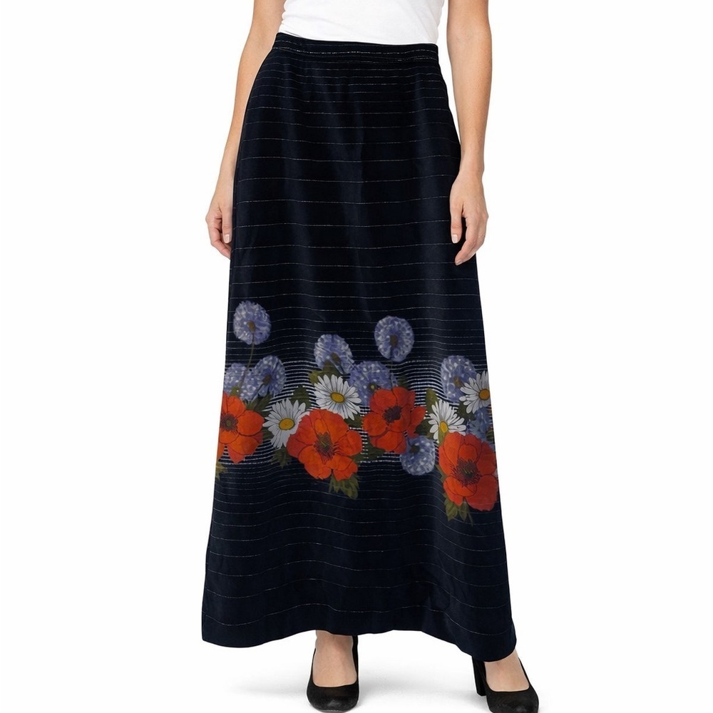 Vintage Velvet Floral Maxi Skirt Black A Line Boho Cottagecore Long Skirt S